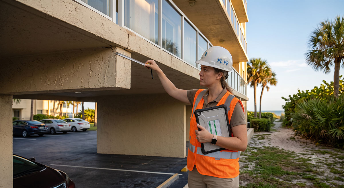 Structural engineer inspecting a Florida condominium during a milestone inspection
