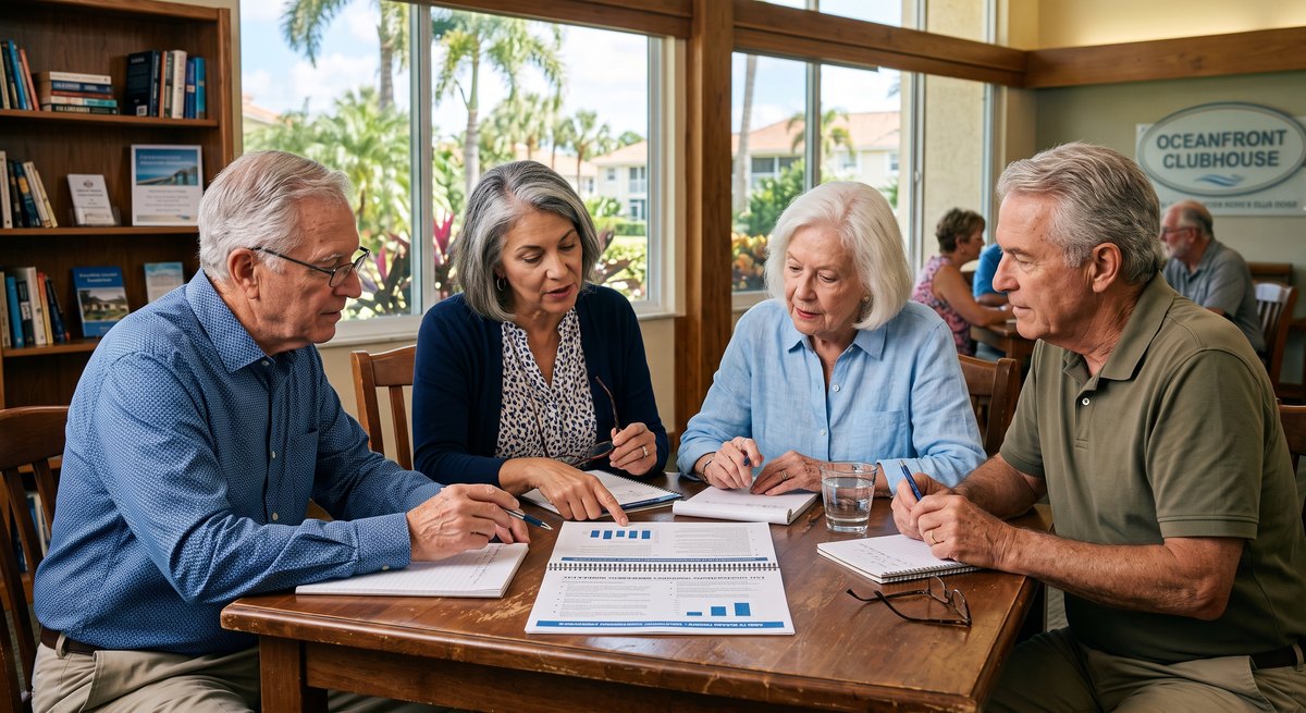 Condo board members reviewing a reserve study at a community meeting in Sarasota County